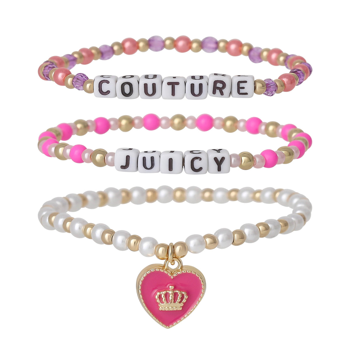 Glam Kids Choose Juicy Heart Charm 3 Piece Beaded Bracelet Set