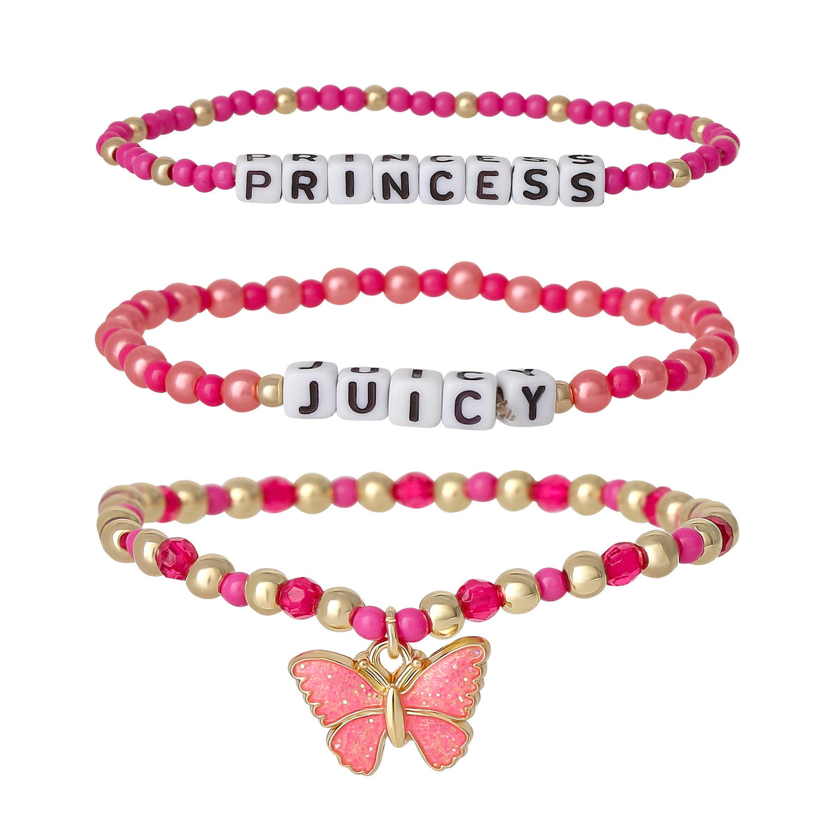 Glam Kids Juicy Pink Butterfly Beaded Bracelet Set