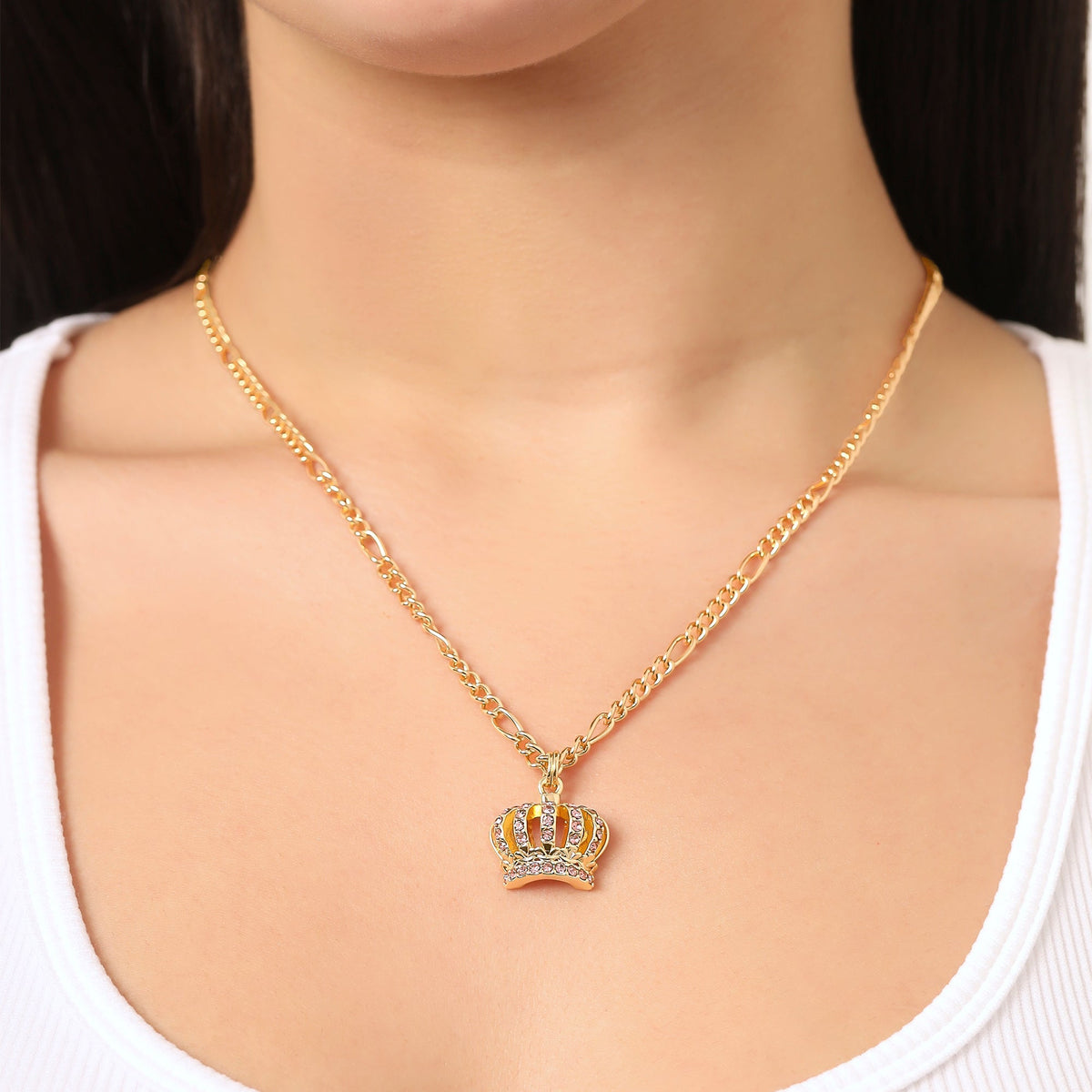 Glam Pink Crystal Crown Pendant Necklace & Stud Earrings Set
