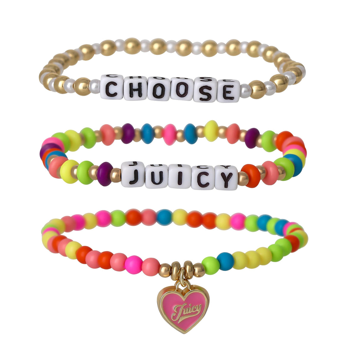 Glam Kids Choose Juicy Heart Charm 3 Piece Stretch Beaded Bracelet Set