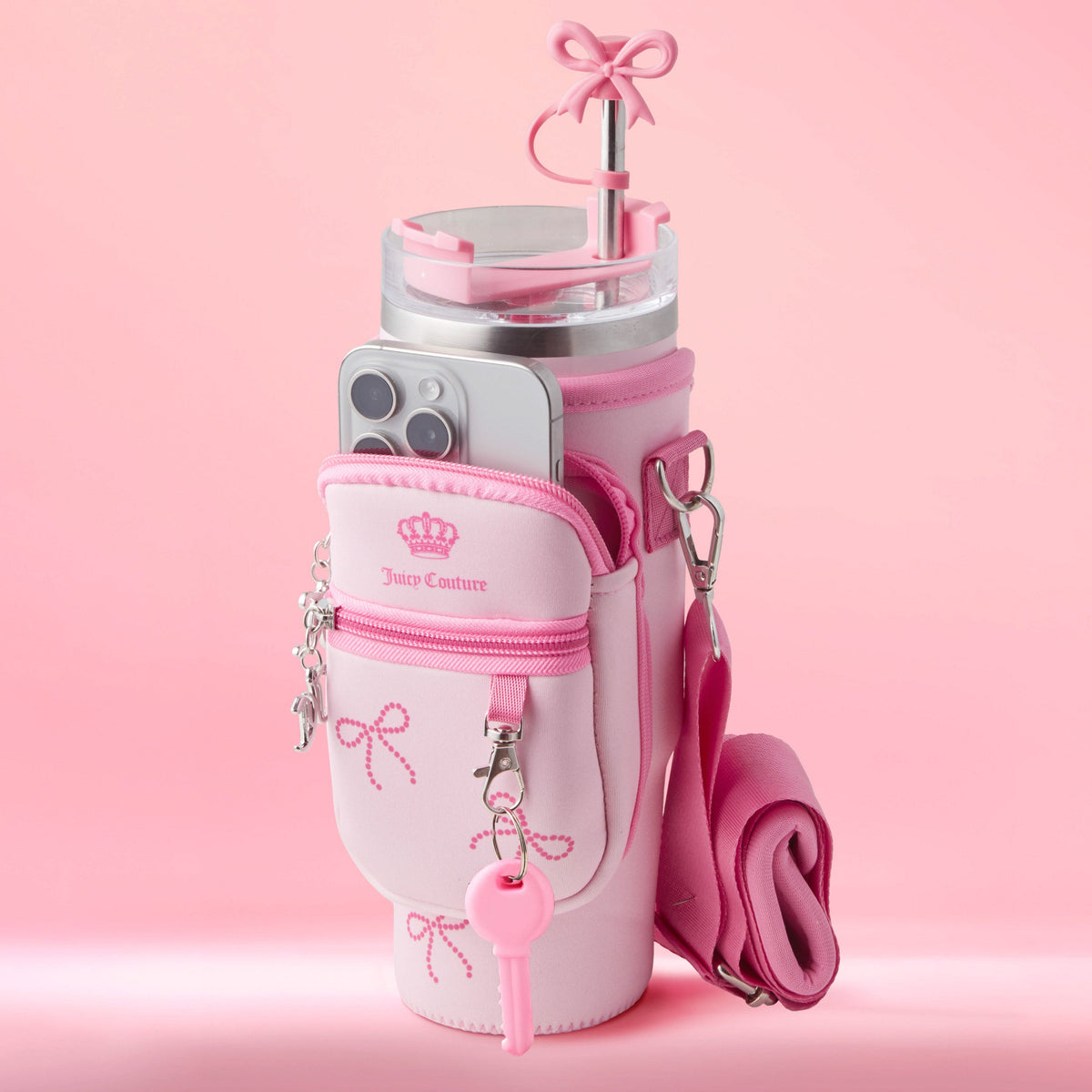 Glam Jetsetter Hydration Stainless Steel Tumbler with Handle Straw & Topper with Neoprene Crossbody Pouch