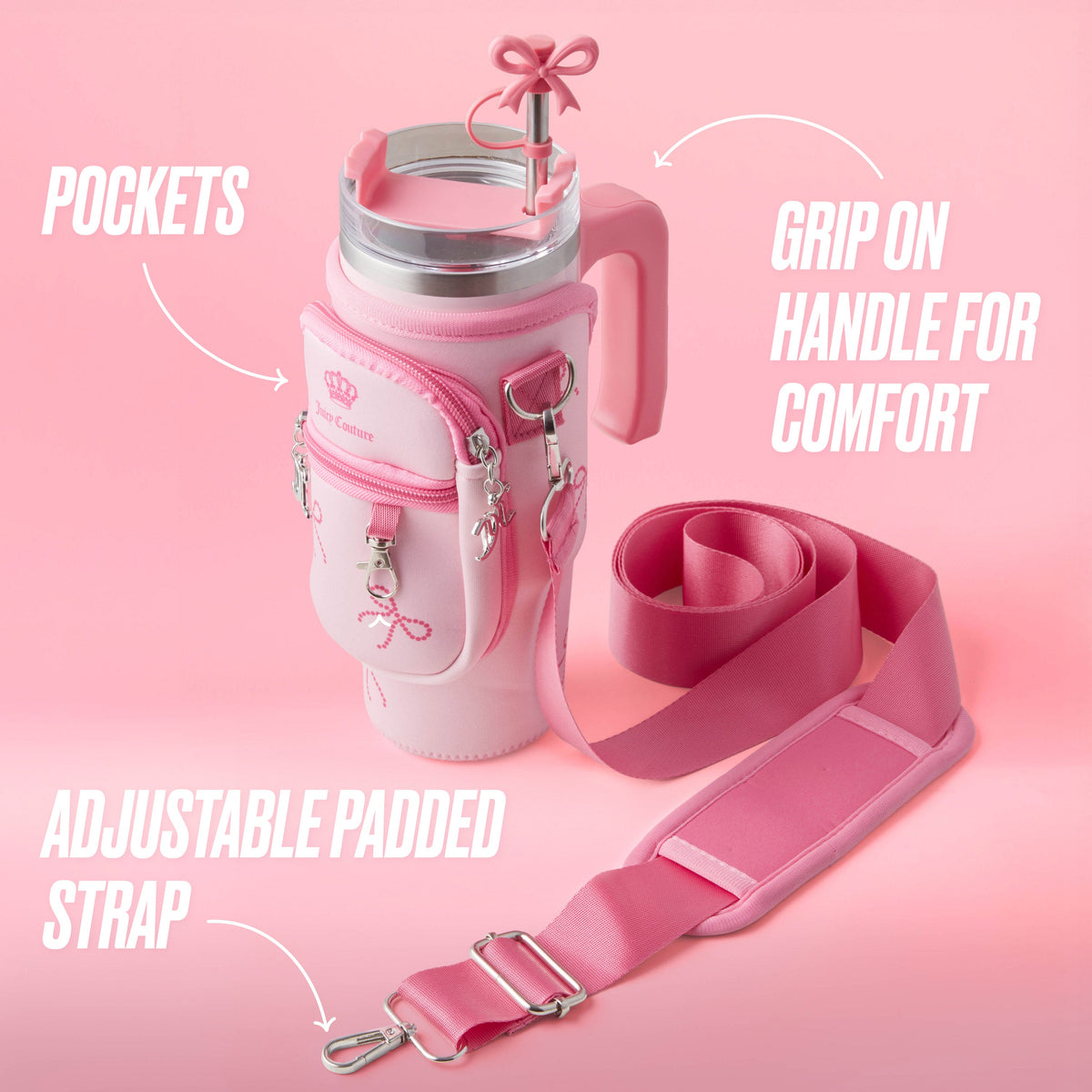 Glam Jetsetter Hydration Stainless Steel Tumbler with Handle Straw & Topper with Neoprene Crossbody Pouch