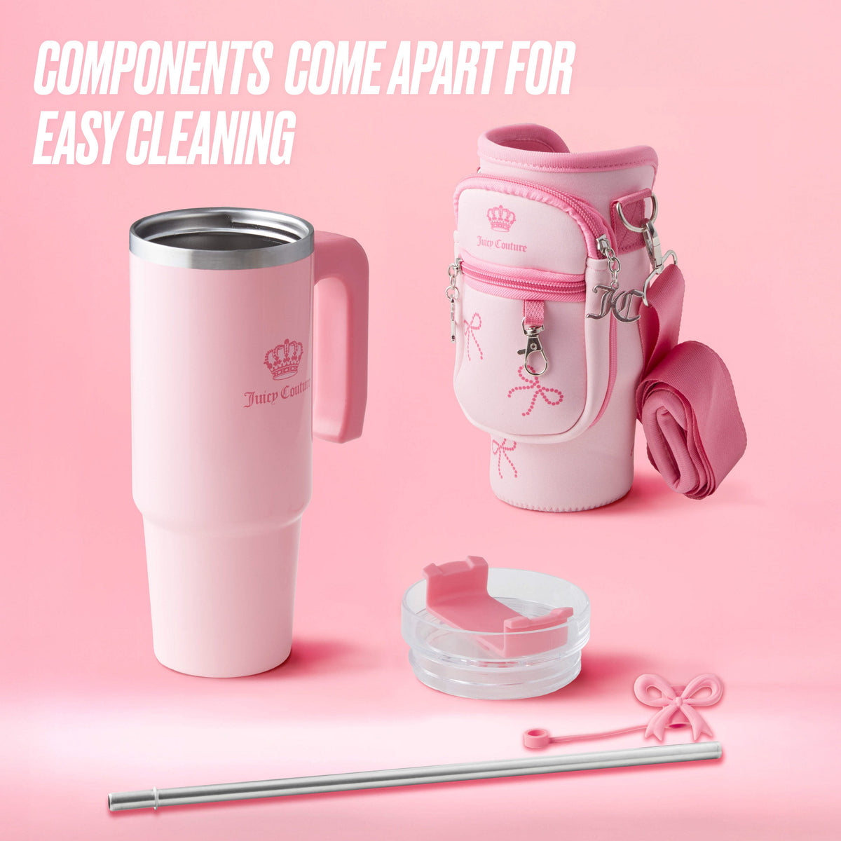 Glam Jetsetter Hydration Stainless Steel Tumbler with Handle Straw & Topper with Neoprene Crossbody Pouch