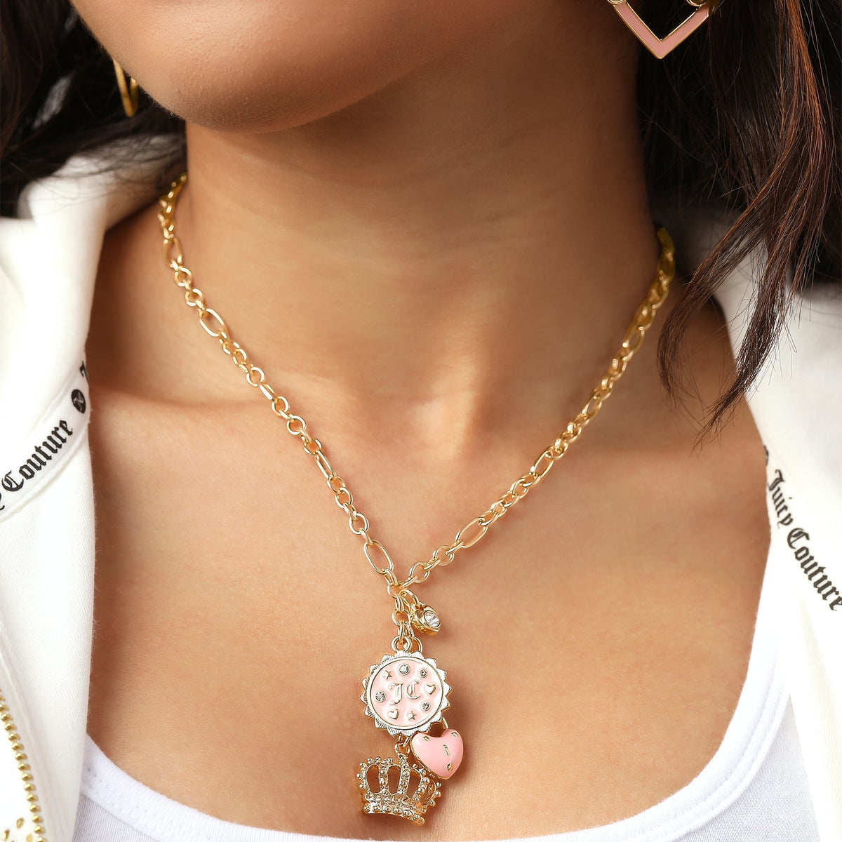 Glam Layered Charm Necklace with Pink Enamel Accents