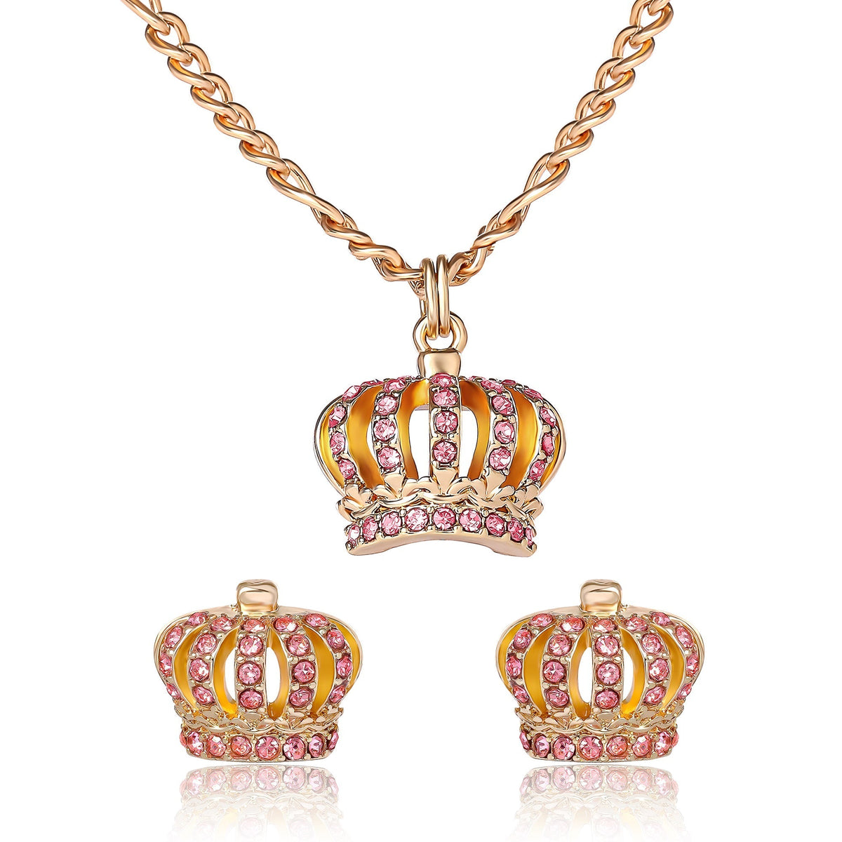 Glam Pink Crystal Crown Pendant Necklace & Stud Earrings Set