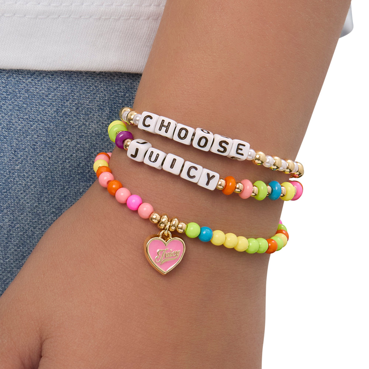 Glam Kids Choose Juicy Heart Charm 3 Piece Stretch Beaded Bracelet Set