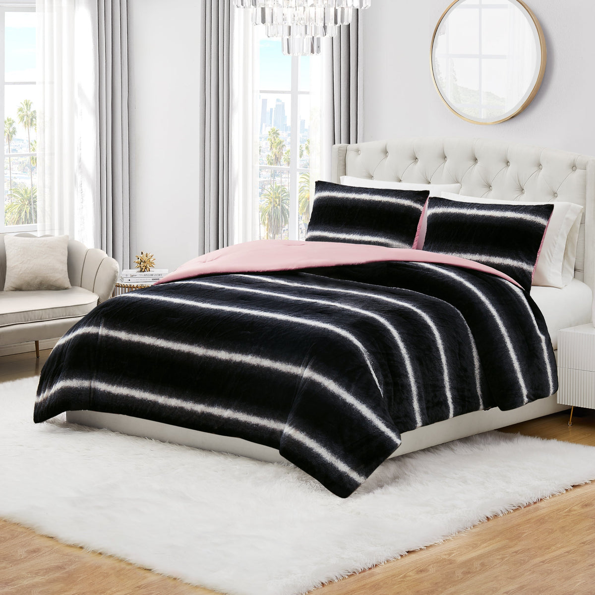 Glam Faux Fur Ombre Stripe Comforter Set