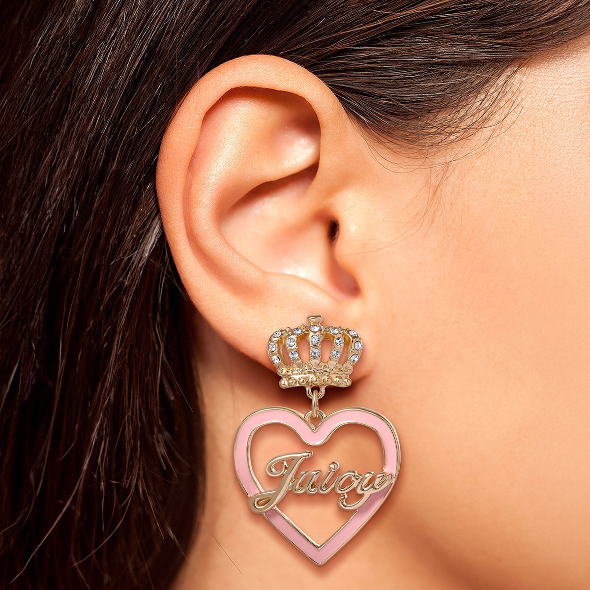 Glam Crown & Pink Heart Drop Earrings