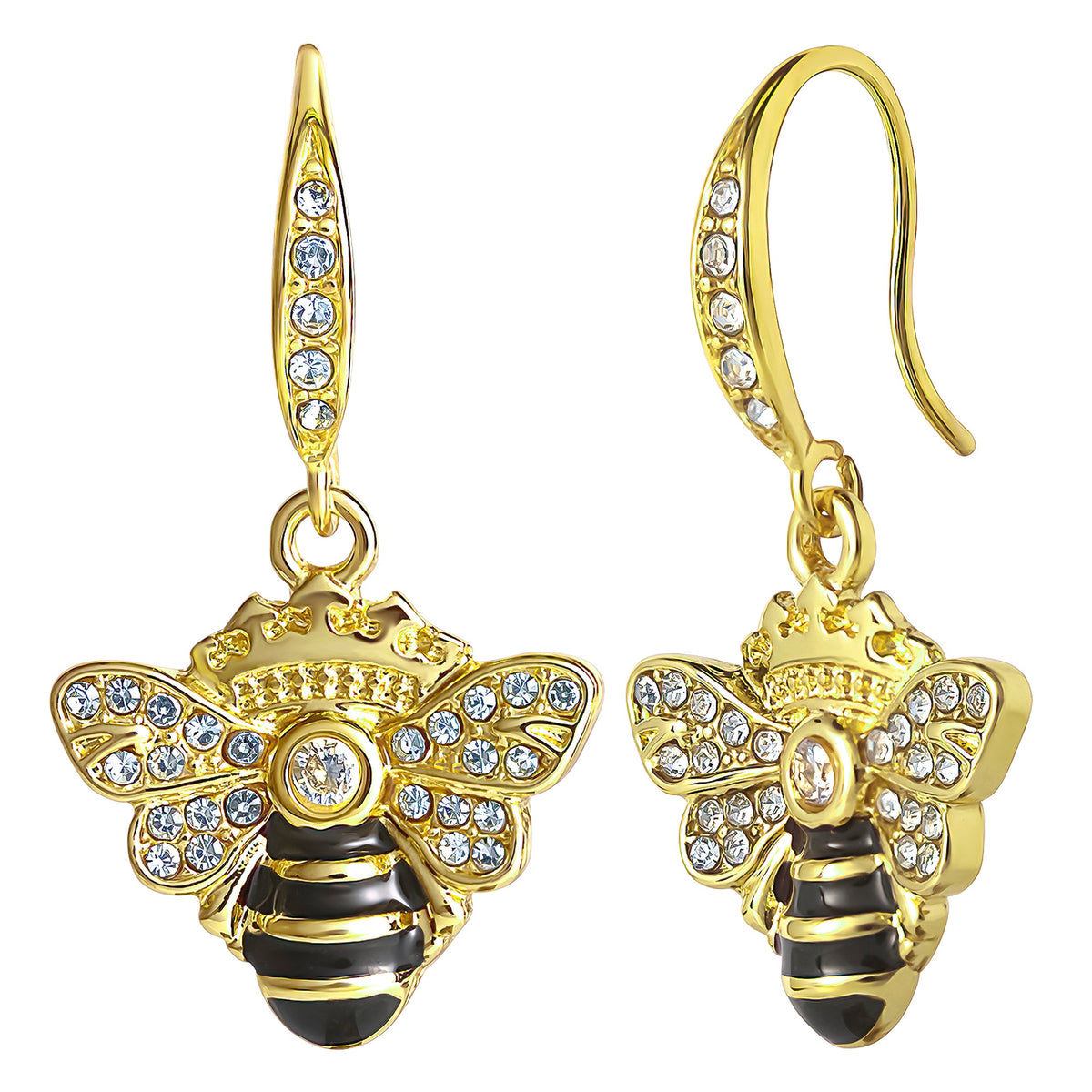 Glam Rhinestone and Black Enamel Bee Earrings