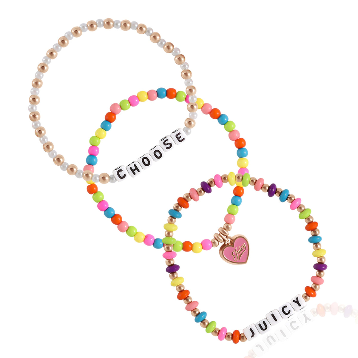 Glam Kids Choose Juicy Heart Charm 3 Piece Stretch Beaded Bracelet Set