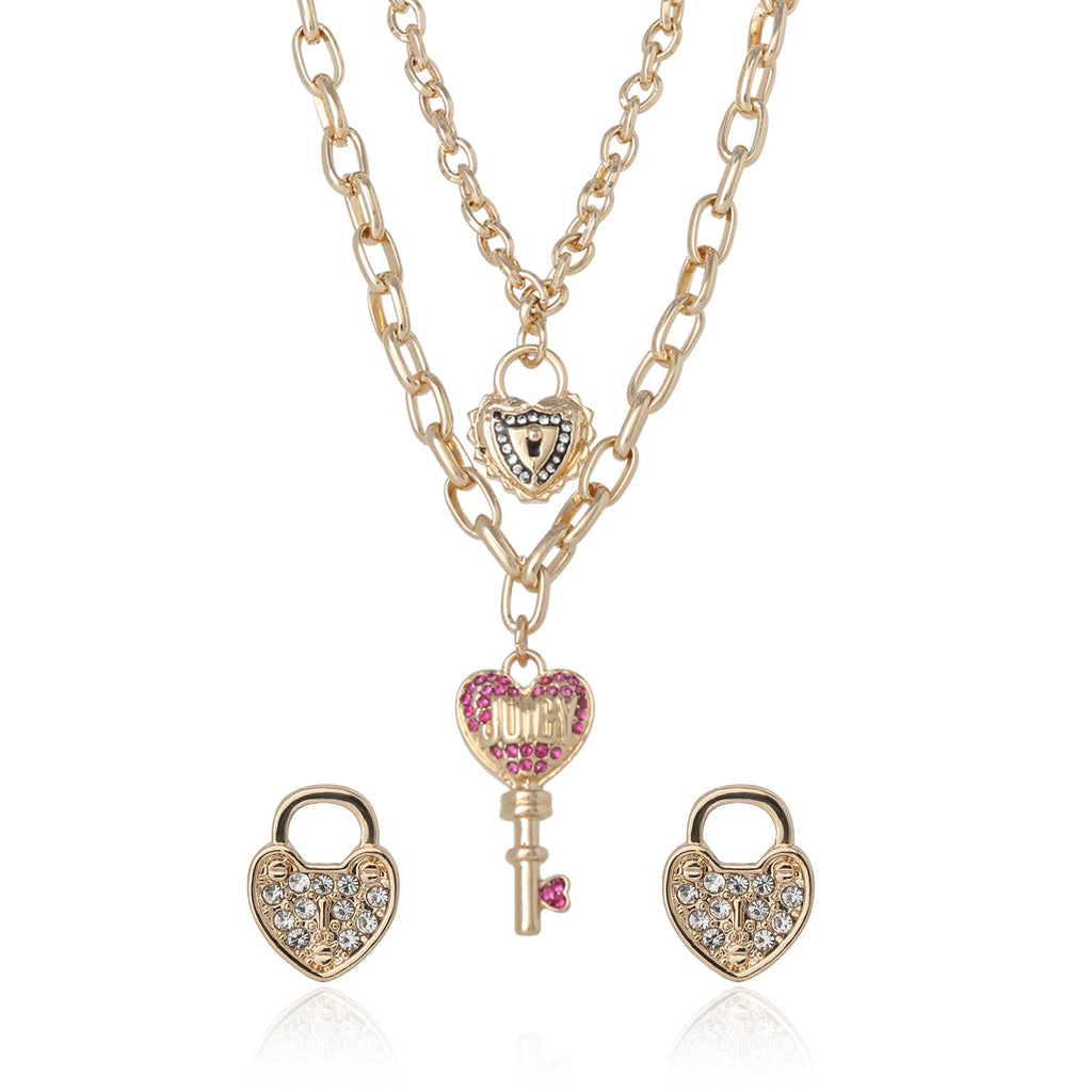 Glam Key Charm Layered Necklace and Lock Earring Set