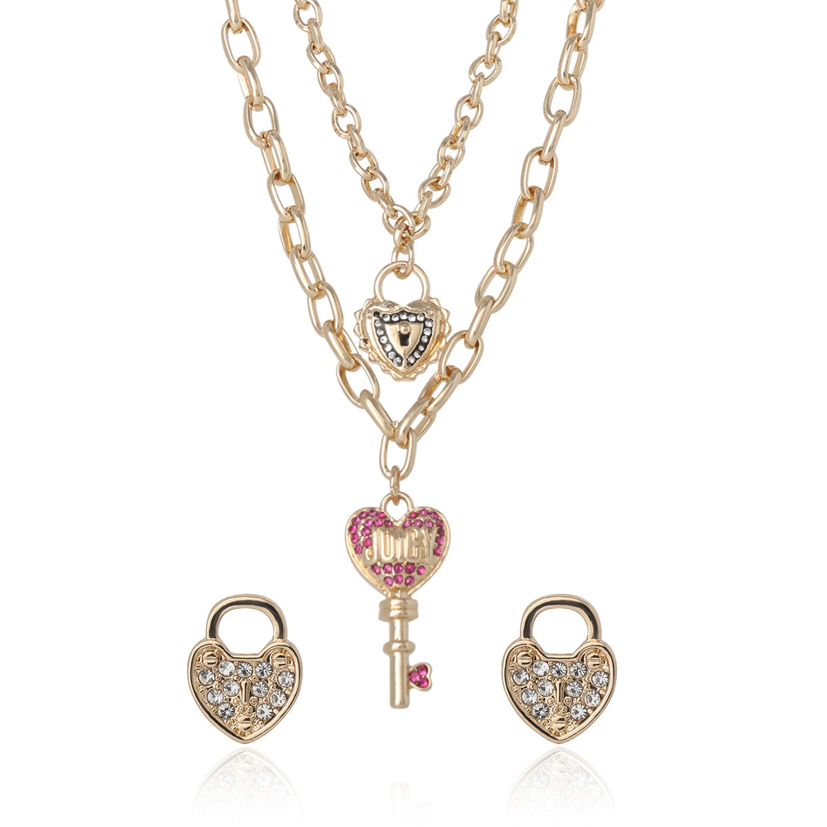 Glam Key Charm Layered Necklace and Lock Earring Set