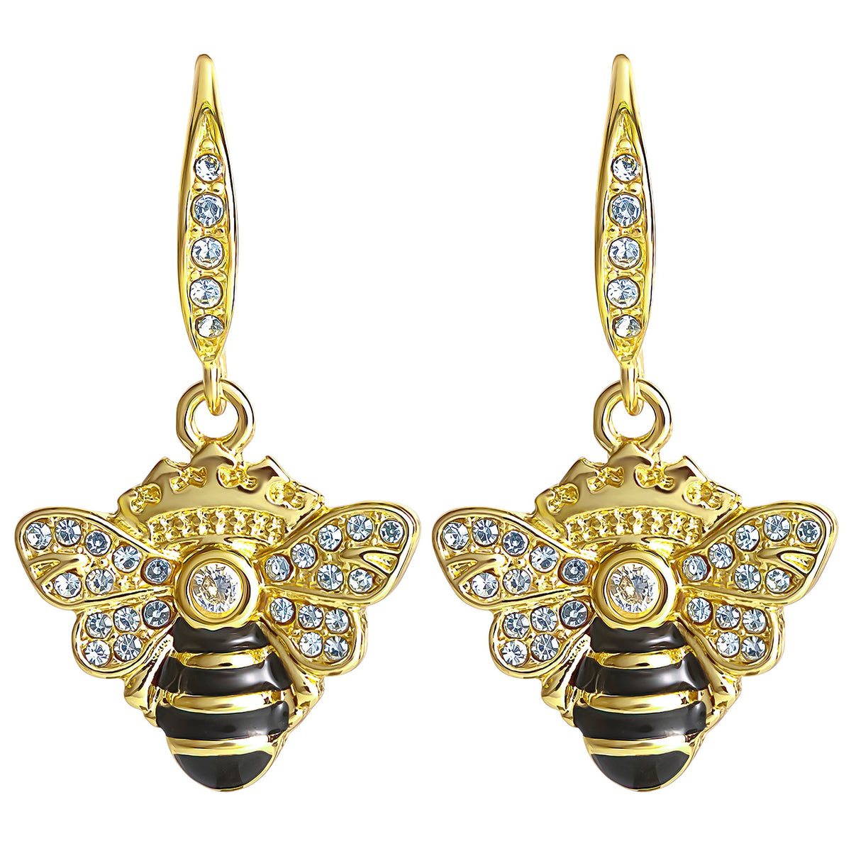 Glam Rhinestone and Black Enamel Bee Earrings