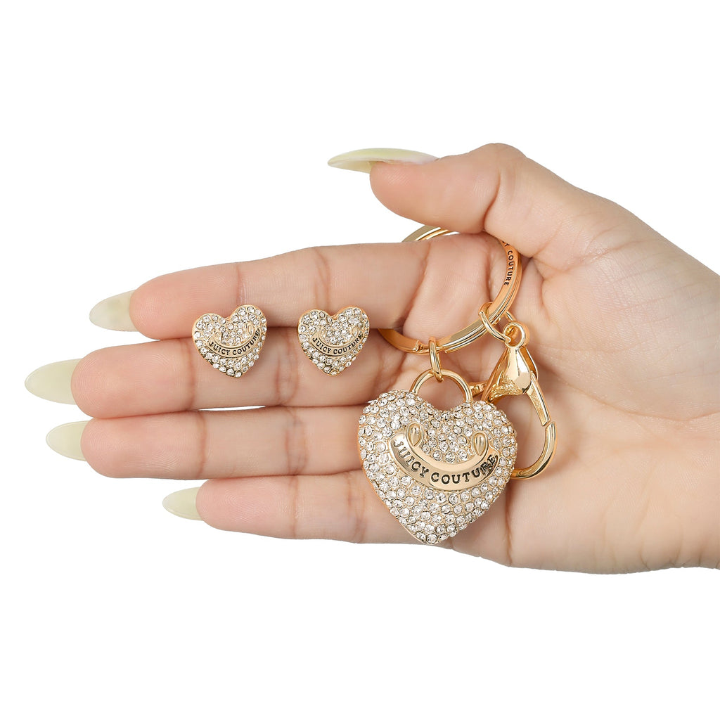 Glam Gold-Tone Pave Heart Keychain Bag Charm & Earrings Set