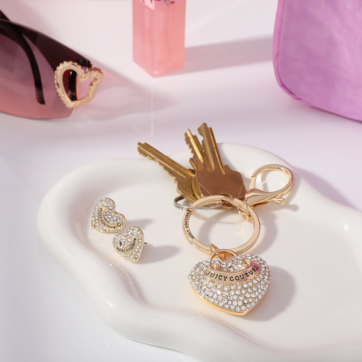Glam Gold-Tone Pave Heart Keychain Bag Charm & Earrings Set