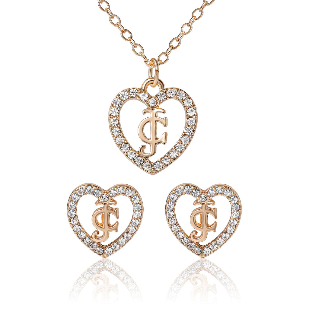 Glam Gold-Tone Pavé Heart Necklace & Stud Earrings Set