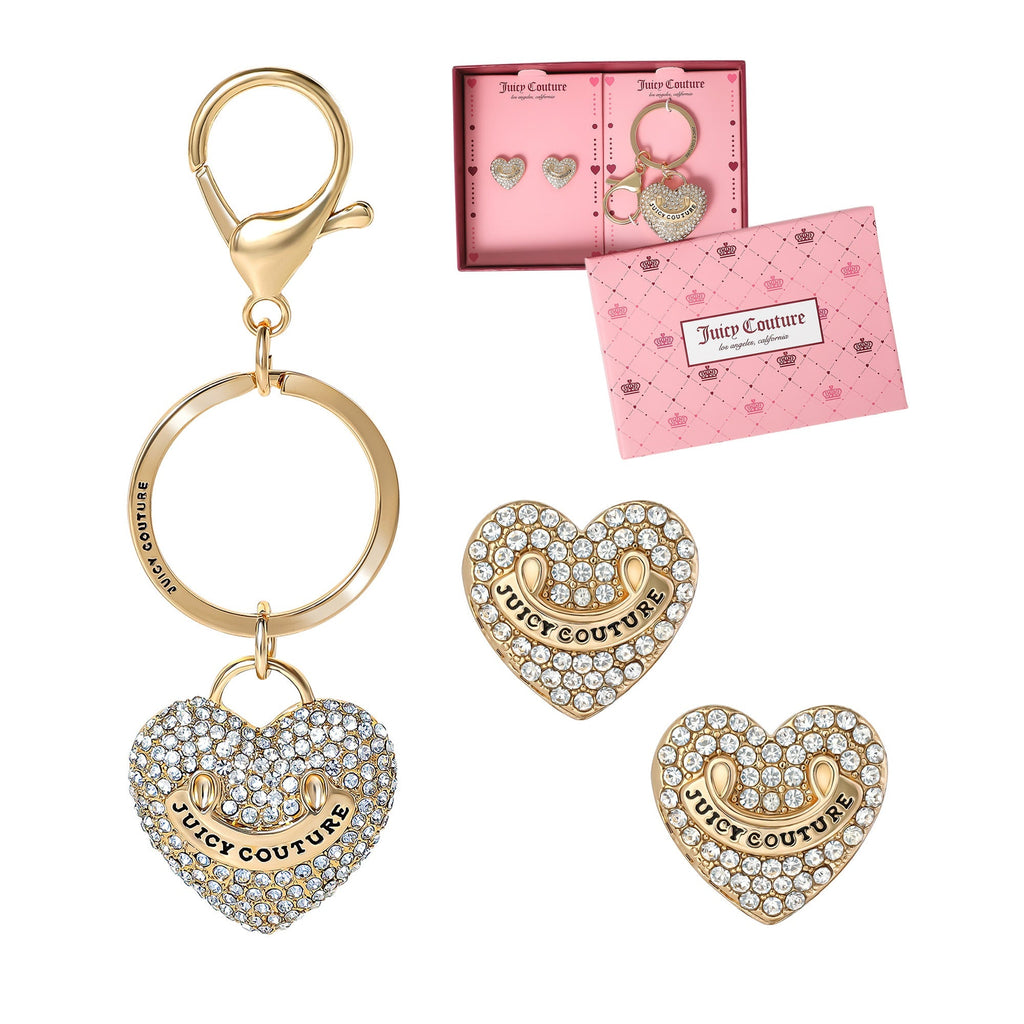 Glam Gold-Tone Pave Heart Keychain Bag Charm & Earrings Set