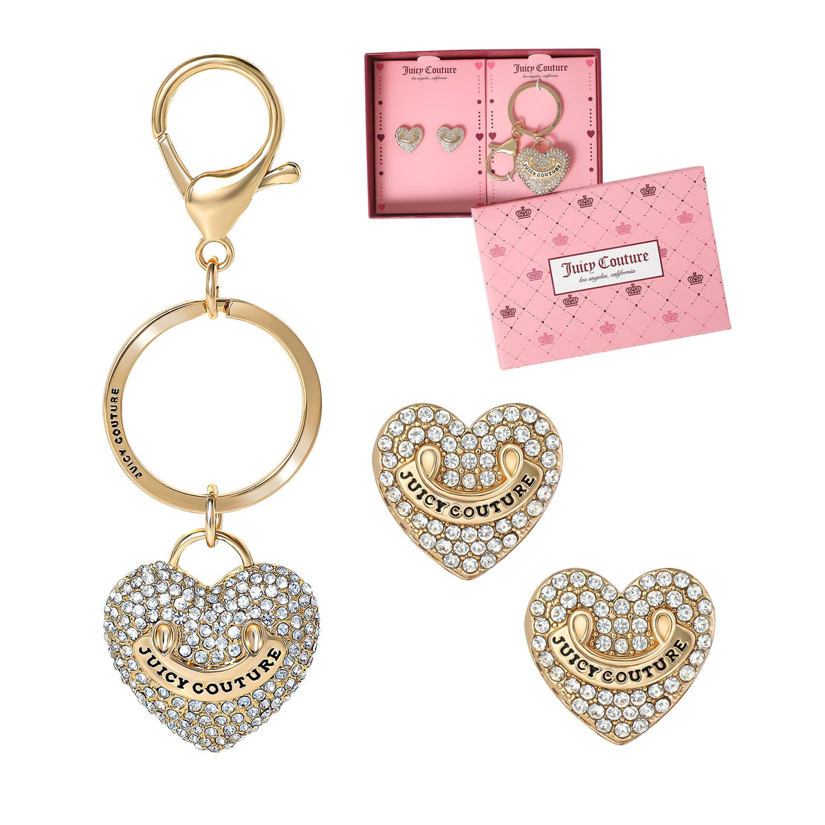 Glam Gold-Tone Pave Heart Keychain Bag Charm & Earrings Set