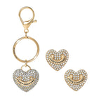 Glam Gold-Tone Pave Heart Keychain Bag Charm & Earrings Set